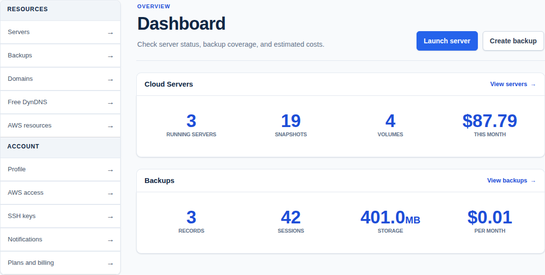 TurnKey Hub dashboard showing a running cloud server and recent backups.