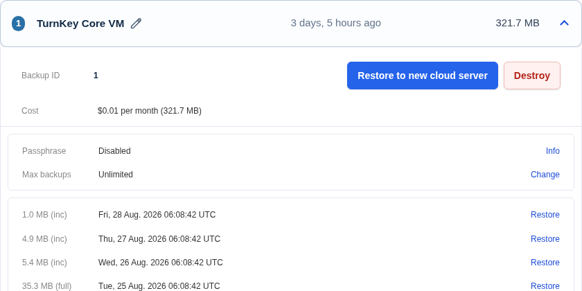 TurnKey Hub controls for restoring a dated backup or launching a new server.