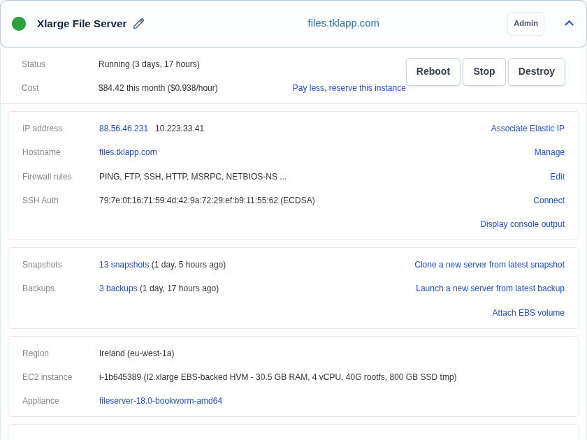 TurnKey Hub server controls with status, networking, snapshots, and backups.